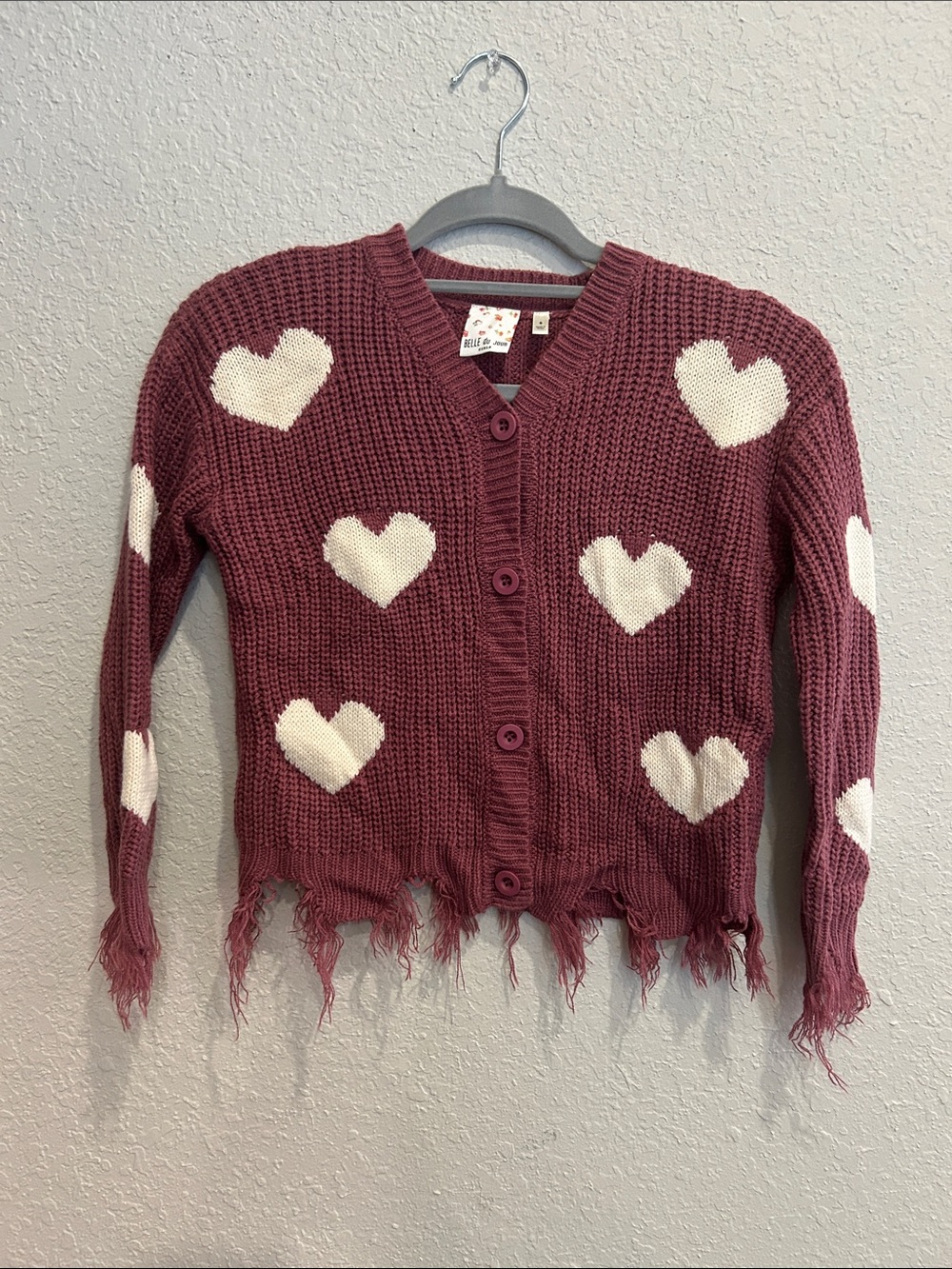 Belle Du Jour burgundy and white heart button-front cardigan